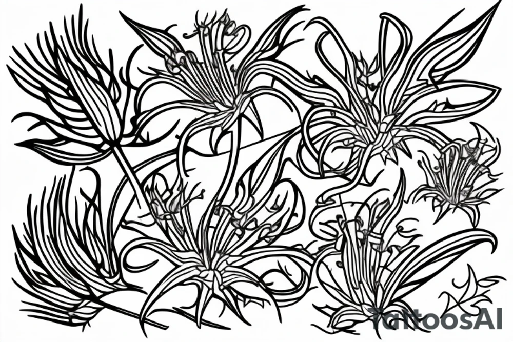 A line drawing of half a flame lily and half thistle split in the middle by a line tattoo idea