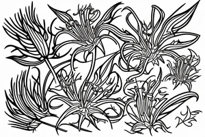 A line drawing of half a flame lily and half thistle split in the middle by a line tattoo idea