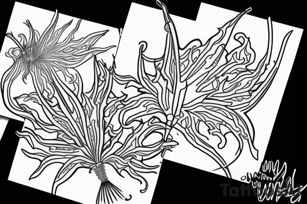 A line drawing of half a flame lily and half thistle split in the middle by a line tattoo idea