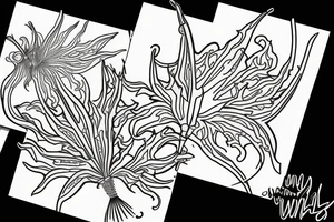 A line drawing of half a flame lily and half thistle split in the middle by a line tattoo idea