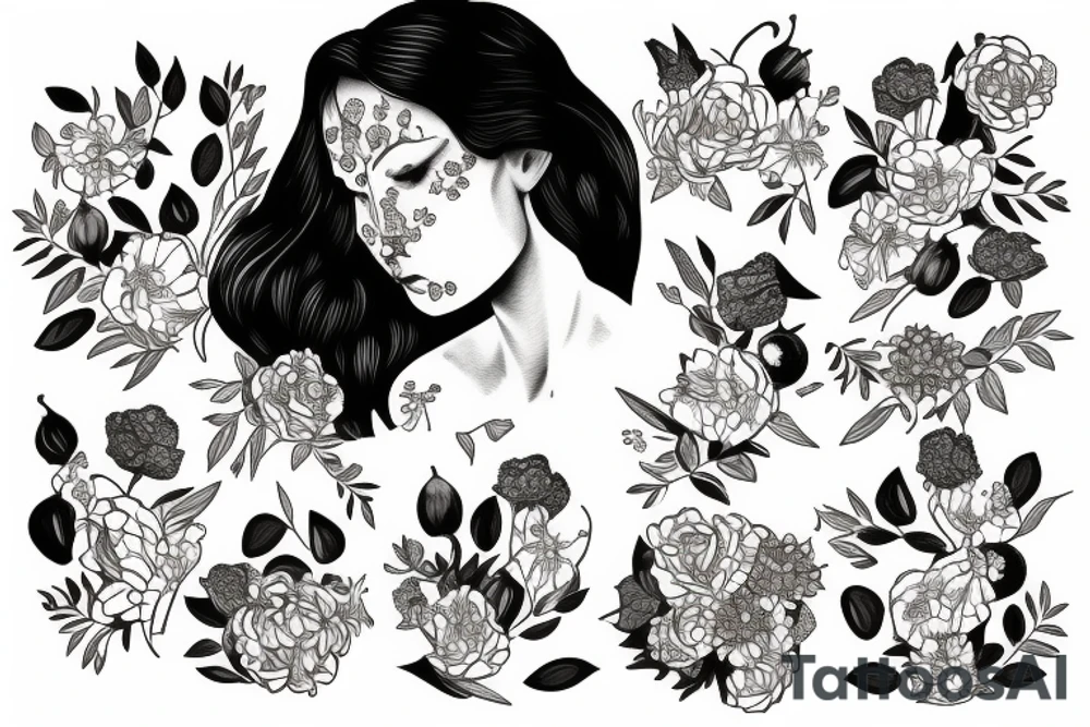 Persephone surrounded by flowers, pomegranates, bones tattoo idea Persephone surrounded by flowers, pomegranates, bones tattoo idea