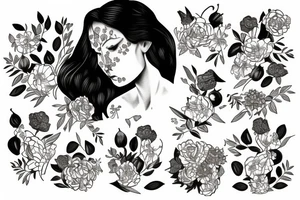 Persephone surrounded by flowers, pomegranates, bones tattoo idea