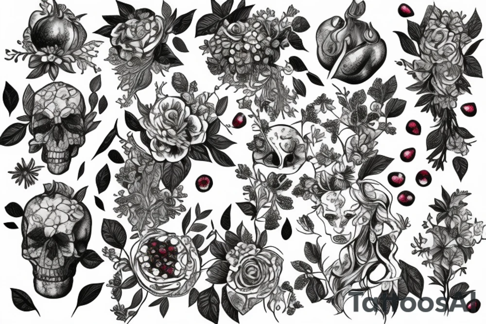 Persephone surrounded by flowers, pomegranates, bones tattoo idea Persephone surrounded by flowers, pomegranates, bones tattoo idea