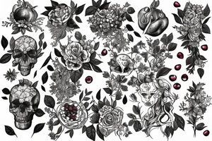 Persephone surrounded by flowers, pomegranates, bones tattoo idea