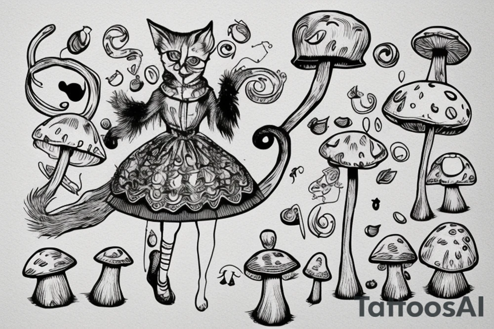 alice in wonderland cat on a mushroom connected to a swing tattoo idea