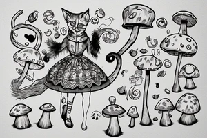 alice in wonderland cat on a mushroom connected to a swing tattoo idea
