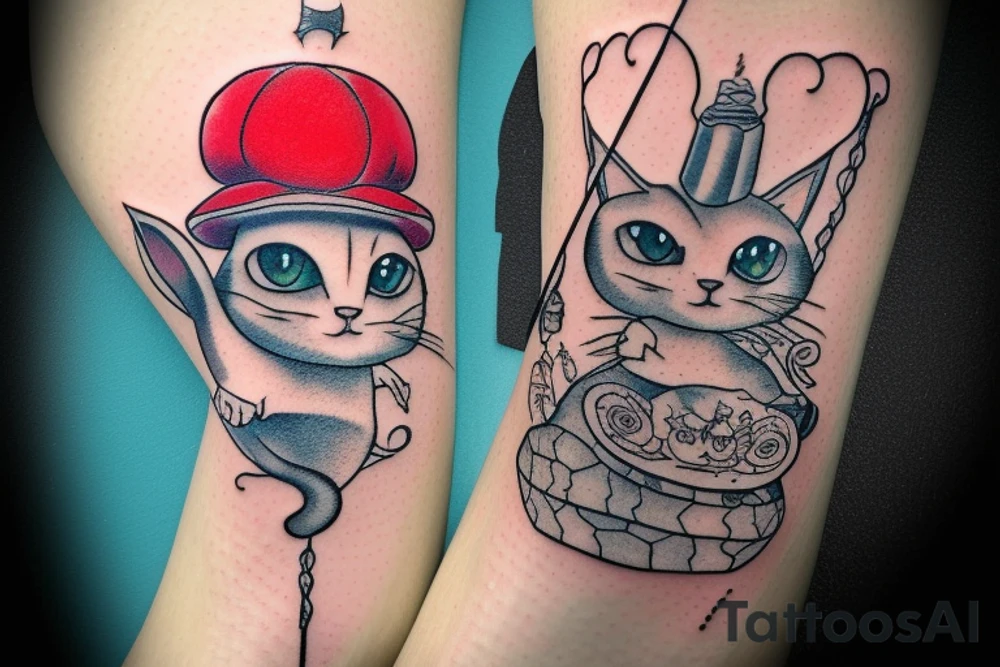 alice in wonderland cat on a mushroom connected to a swing tattoo idea