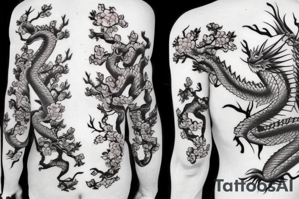 Realístico dragon Sakura japanese tree tattoo idea