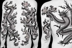 Realístico dragon Sakura japanese tree tattoo idea