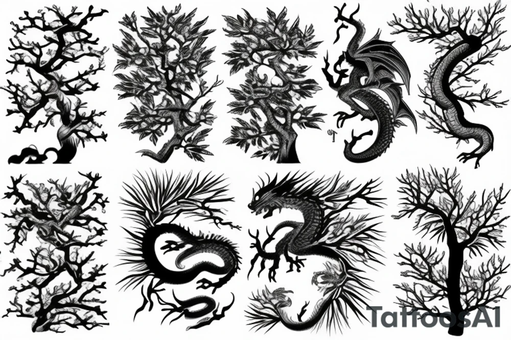 Realístico dragon Sakura japanese tree tattoo idea