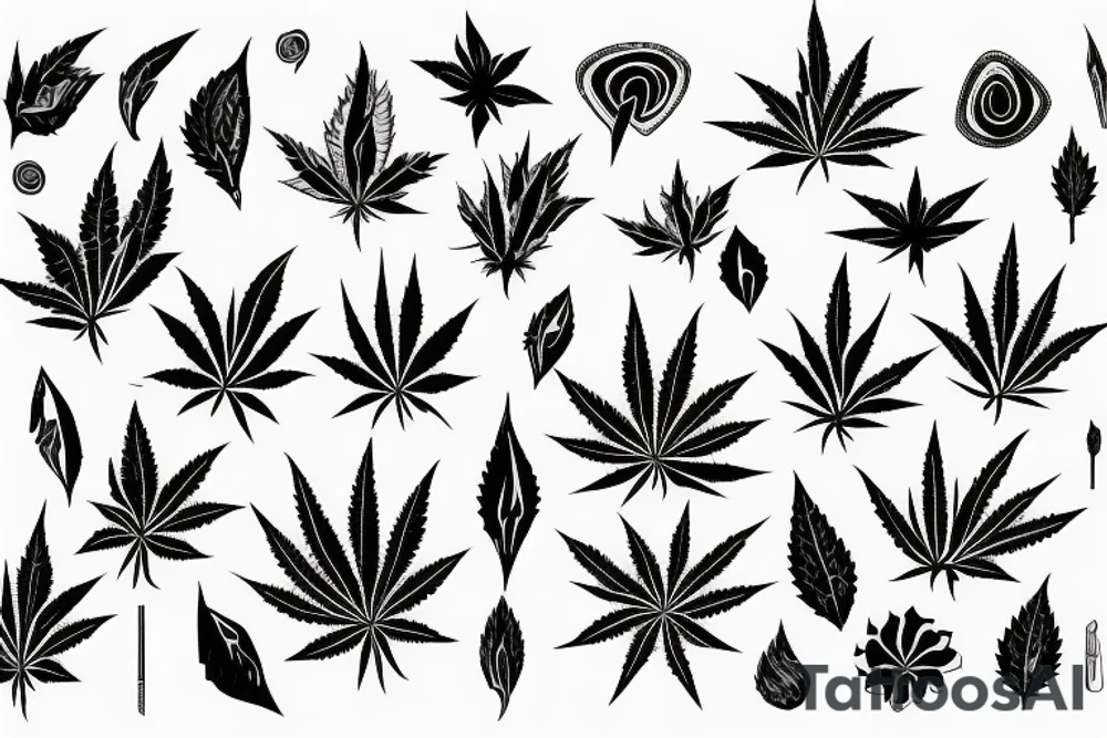 Black abstract lines with some little details of weed tattoo idea