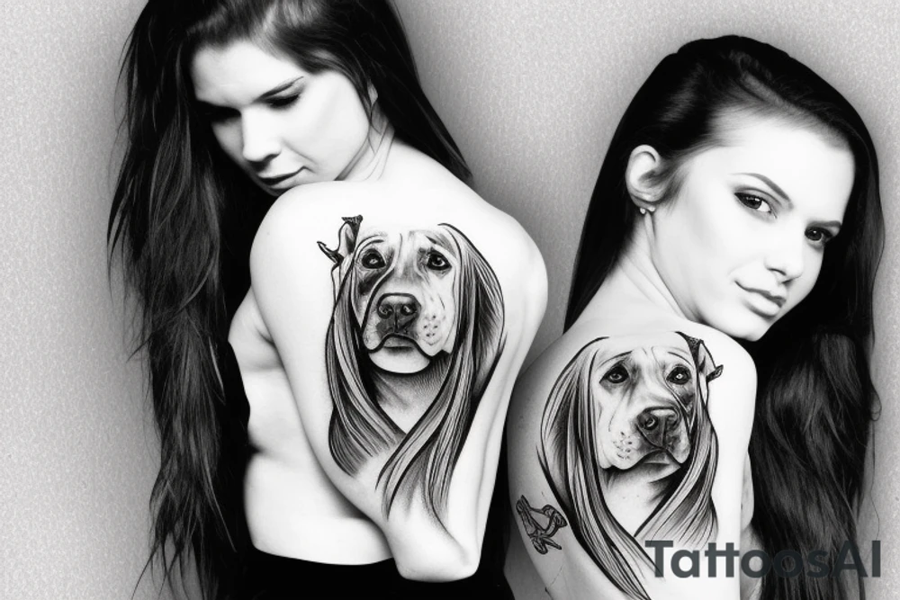 Long haired girl hugging a Pitbull portrait tattoo idea Long haired girl hugging a Pitbull portrait tattoo idea
