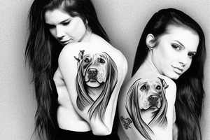 Long haired girl hugging a Pitbull portrait tattoo idea
