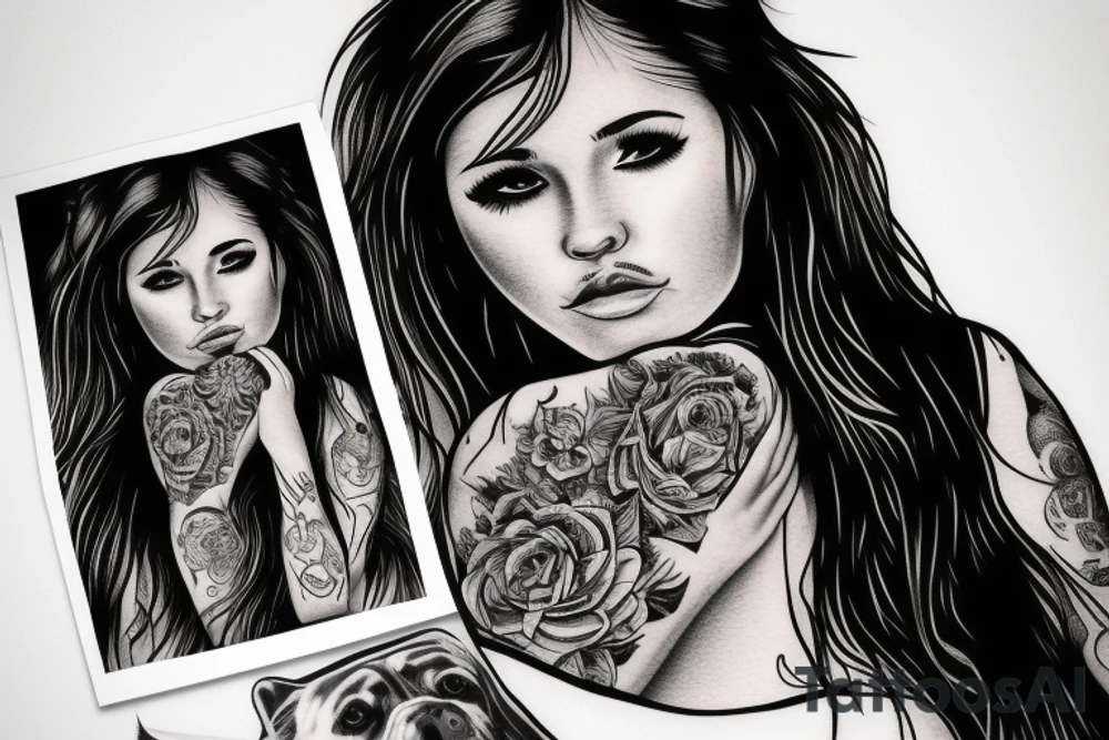 Long haired girl hugging a Pitbull portrait tattoo idea