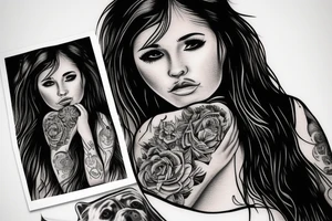 Long haired girl hugging a Pitbull portrait tattoo idea