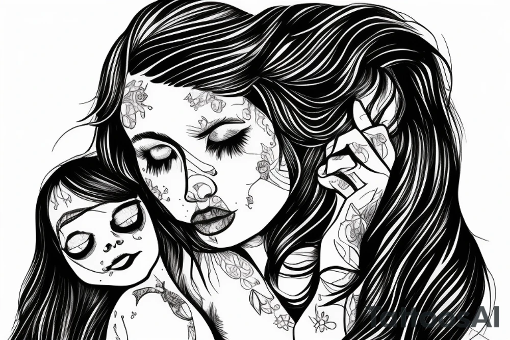 Long haired girl hugging a Pitbull portrait tattoo idea