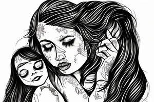 Long haired girl hugging a Pitbull portrait tattoo idea