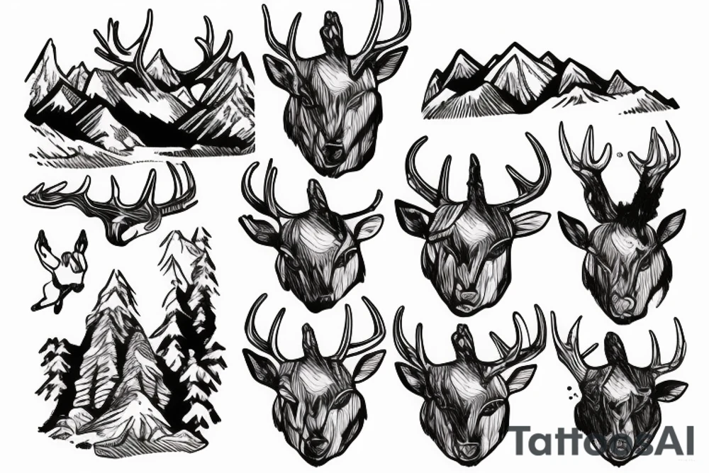 Mountains with a human deer with guns tattoo idea