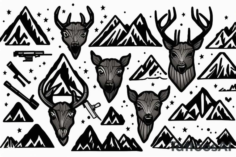Mountains with a human deer with guns tattoo idea