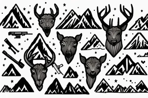 Mountains with a human deer with guns tattoo idea