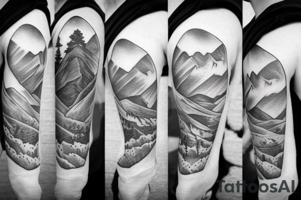 Mountains with a human deer with guns tattoo idea