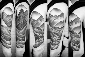 Mountains with a human deer with guns tattoo idea
