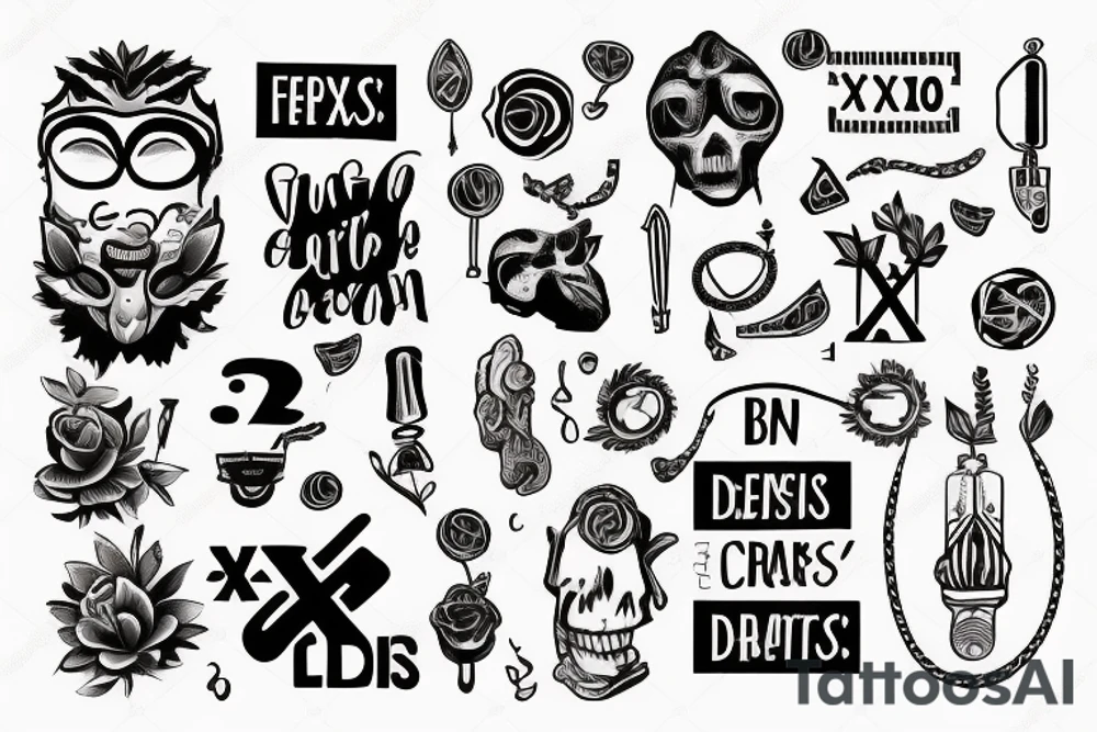 2 sentences separated by an "X". the two sentences are "sérios curiosos" and "criativos bem-dispostos" tattoo idea