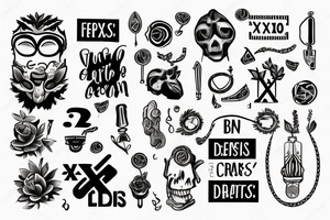 2 sentences separated by an "X". the two sentences are "sérios curiosos" and "criativos bem-dispostos" tattoo idea