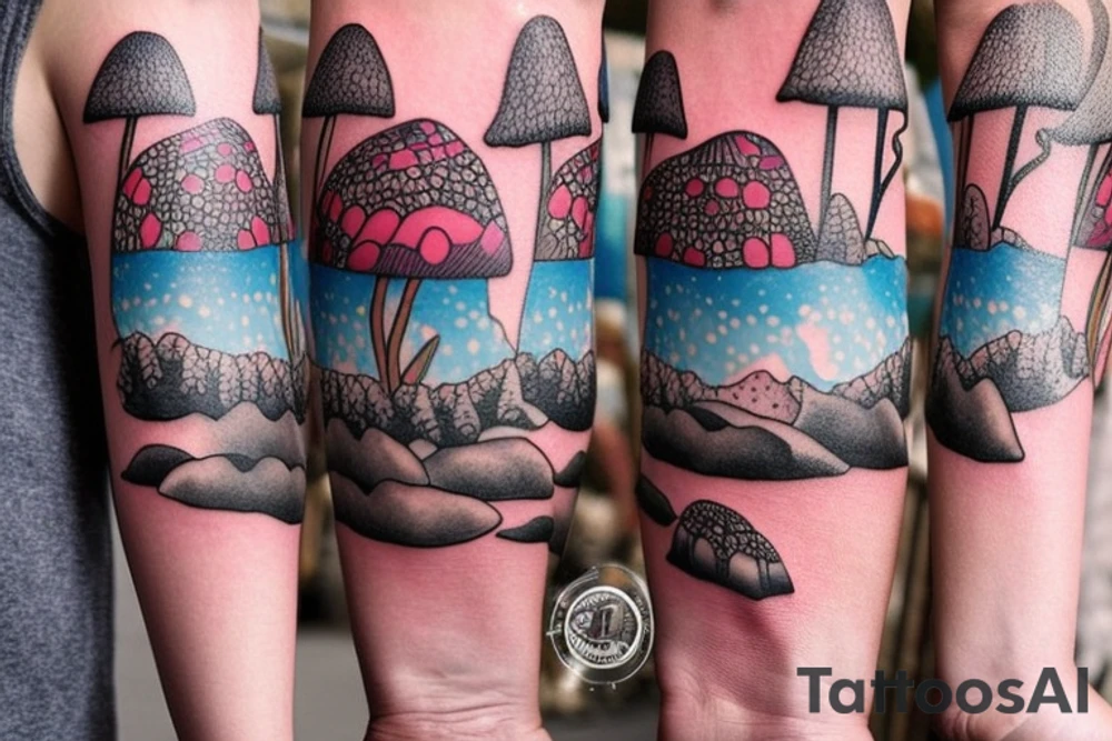 Mountains with snow caps in background. Mushrooms and flowers up front. tattoo idea