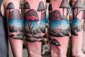 Mountains with snow caps in background. Mushrooms and flowers up front. tattoo idea