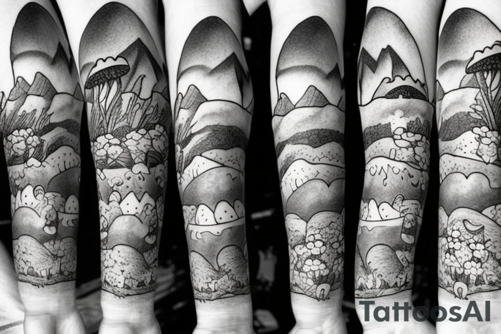 Mountains with snow caps in background. Mushrooms and flowers up front. tattoo idea