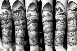 Mountains with snow caps in background. Mushrooms and flowers up front. tattoo idea