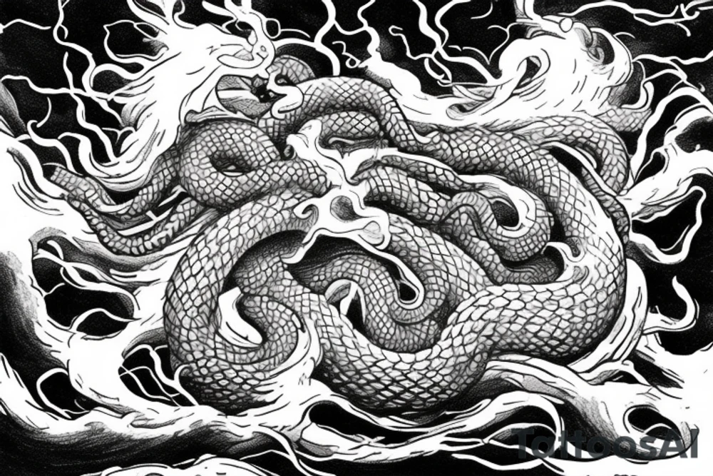 Thor fighting jörmungandr during a storm in the ocean tattoo idea