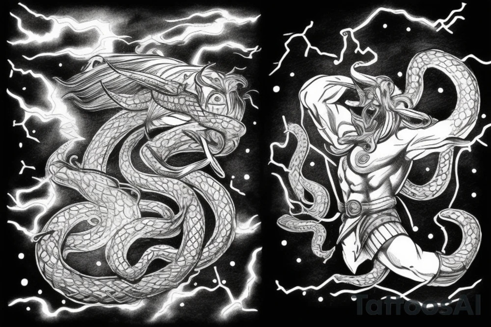 Thor fighting jörmungandr during a storm in the ocean tattoo idea