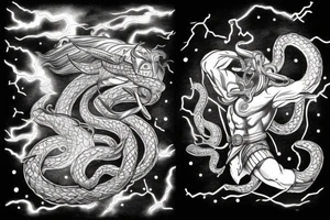 Thor fighting jörmungandr during a storm in the ocean tattoo idea