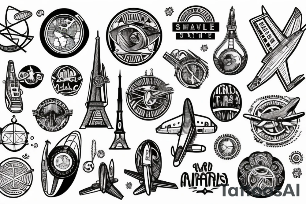 Small simple design based on travel, the world, airplanes with the theme of full circle tattoo idea