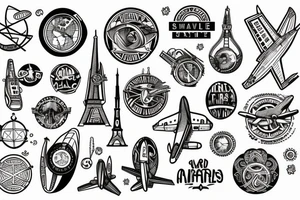 Small simple design based on travel, the world, airplanes with the theme of full circle tattoo idea