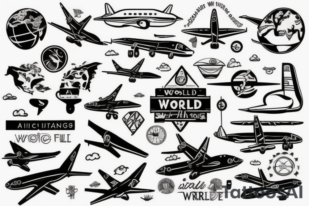 Small simple design based on travel, the world, airplanes with the theme of full circle tattoo idea