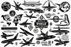 Small simple design based on travel, the world, airplanes with the theme of full circle tattoo idea
