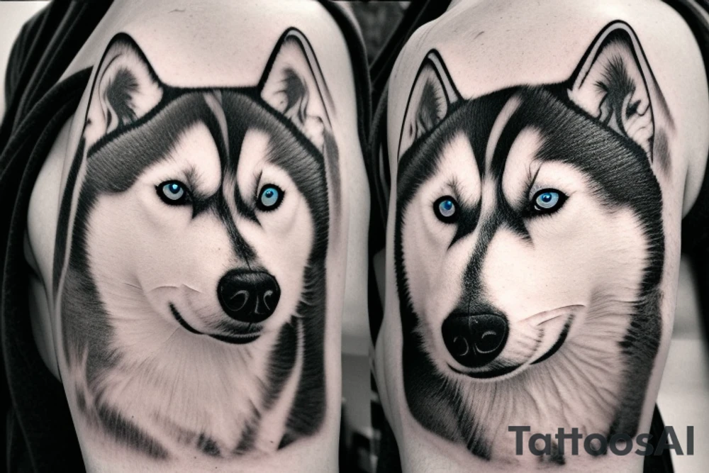 Husky portrait with storm behind him tattoo idea