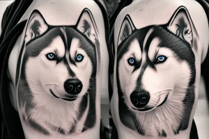 Husky portrait with storm behind him tattoo idea