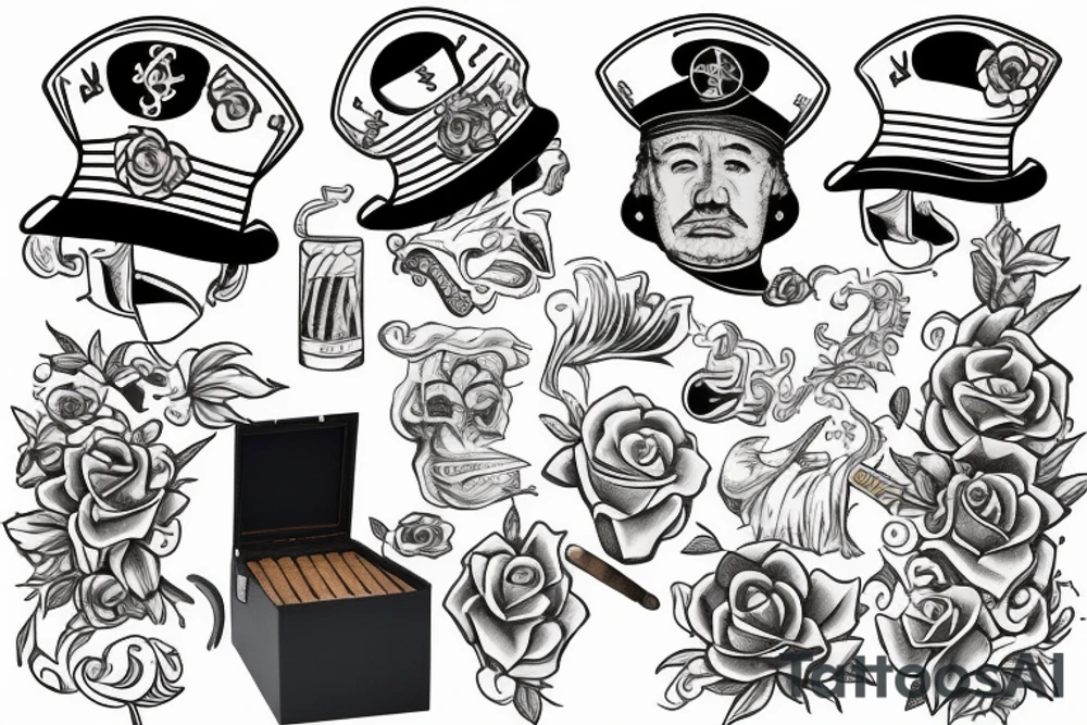 My dad as a sailor, smoking a cigar with a leme and flowers around tattoo idea