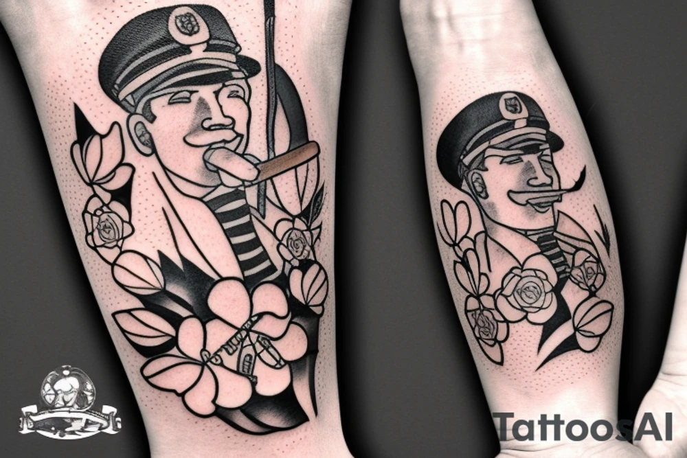 My dad as a sailor, smoking a cigar with a leme and flowers around tattoo idea