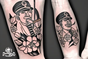 My dad as a sailor, smoking a cigar with a leme and flowers around tattoo idea