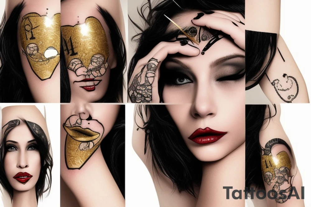 Sexy woman with part clock on face, Kissing gold bars in hand tattoo idea