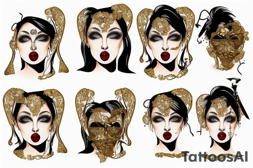 Sexy woman with part clock on face, Kissing gold bars in hand tattoo idea