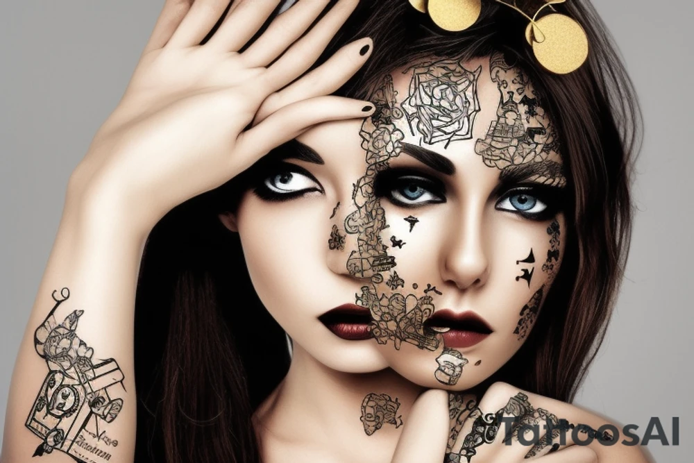 Sexy woman with part clock on face, Kissing gold bars in hand tattoo idea