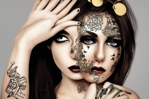 Sexy woman with part clock on face, Kissing gold bars in hand tattoo idea