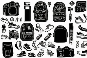 backpack with hiking shoes and camera tattoo idea