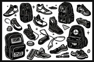 backpack with hiking shoes and camera tattoo idea